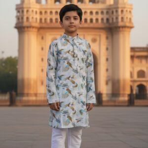 Boys Kurta Blue and Brown Bird Patterns