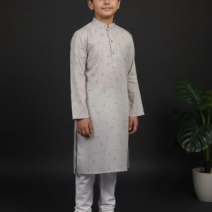 Boys’ Elegant Grey Printed Kurta Pajama Set